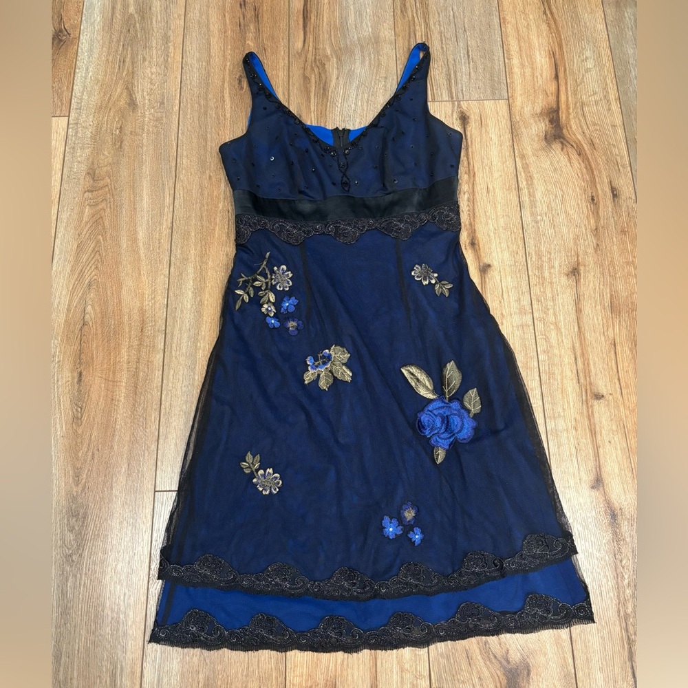 Vintage Adrianna Papell Blue Dress with Floral Embroidery, Sequins, and Lace